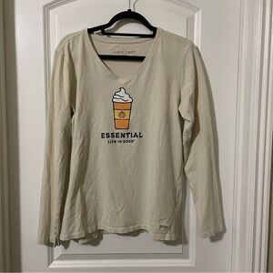 Life is Good Beige Pumpkin Spice Latte V-Neck Long Sleeve Graphic T-Shirt